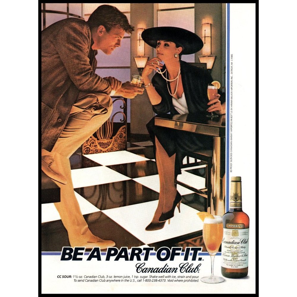 1987 Canadian Club Rye Whisky Vintage Print Ad Night Club Pearls 80s Fashion Art